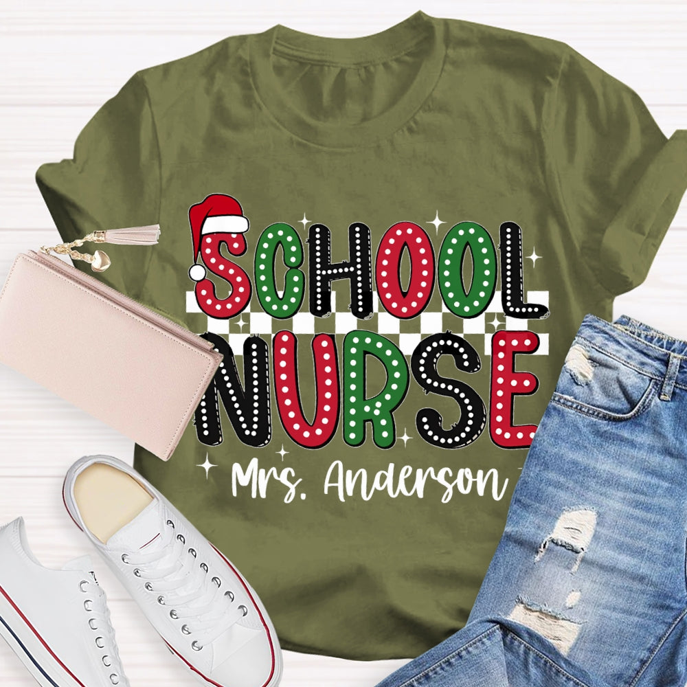 Personalized Name School Nurse Santa Hat Christmas T-shirt