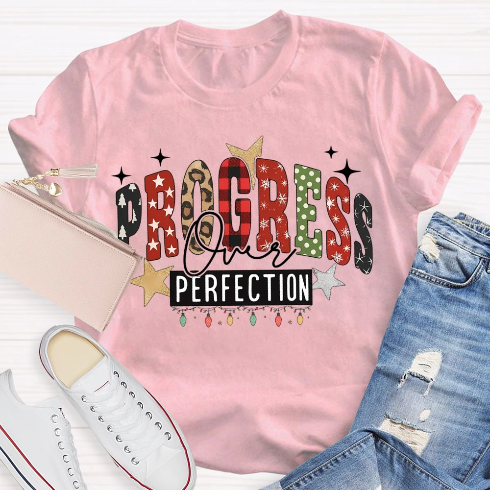 Progress Over Perfection Colorful Fonts And Christmas Lights T-shirt