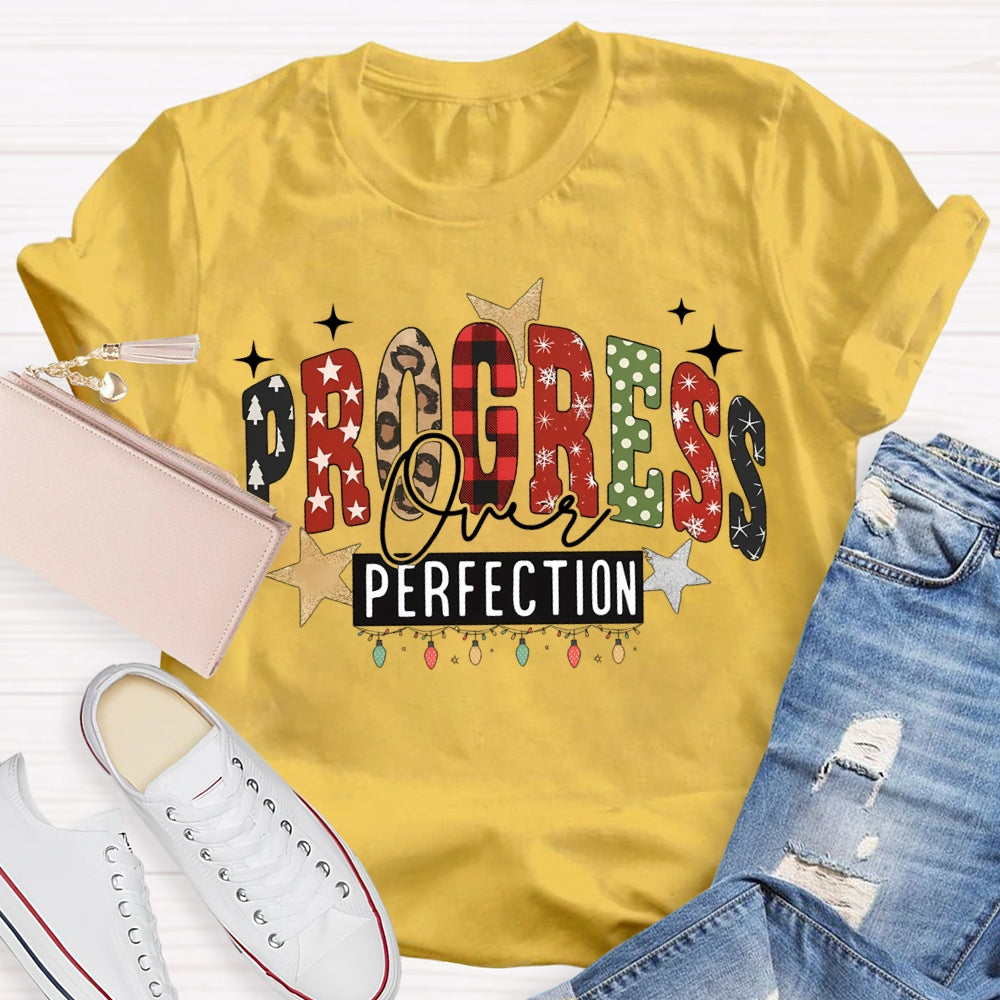 Progress Over Perfection Colorful Fonts And Christmas Lights T-shirt