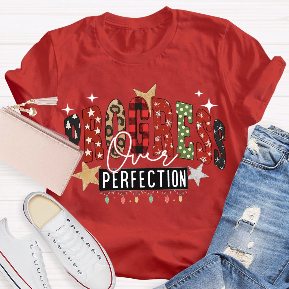 Progress Over Perfection Colorful Fonts And Christmas Lights T-shirt