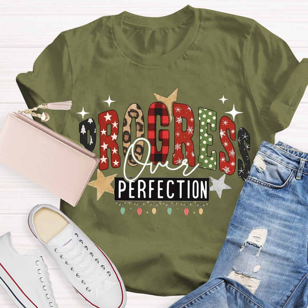 Progress Over Perfection Colorful Fonts And Christmas Lights T-shirt