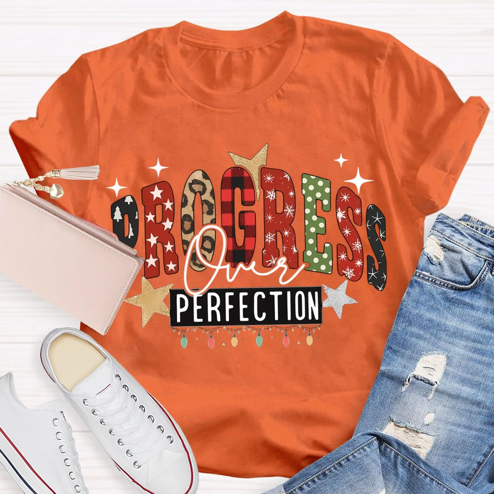 Progress Over Perfection Colorful Fonts And Christmas Lights T-shirt