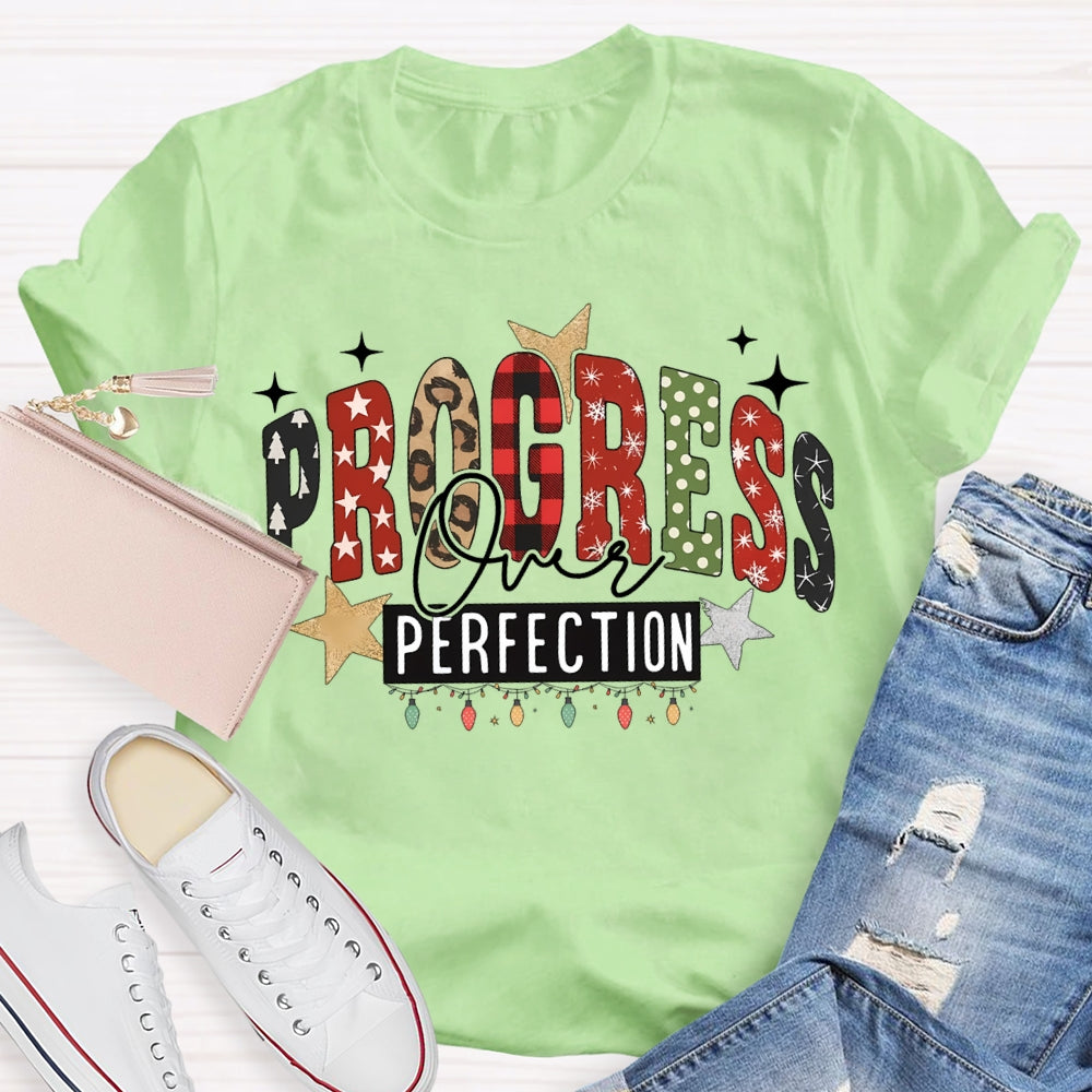 Progress Over Perfection Colorful Fonts And Christmas Lights T-shirt