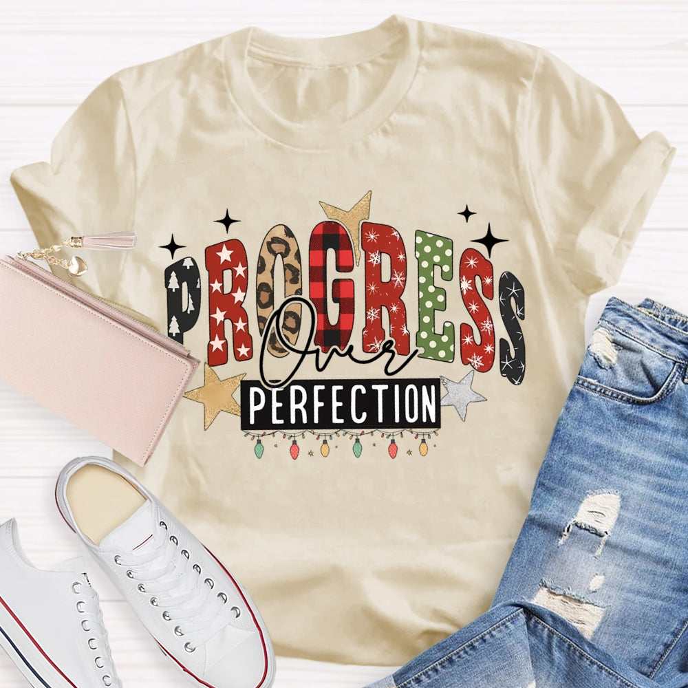 Progress Over Perfection Colorful Fonts And Christmas Lights T-shirt