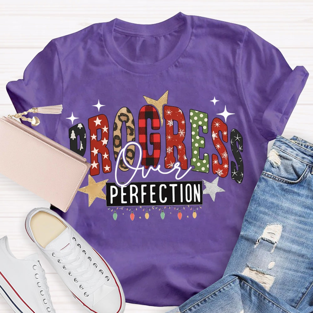 Progress Over Perfection Colorful Fonts And Christmas Lights T-shirt