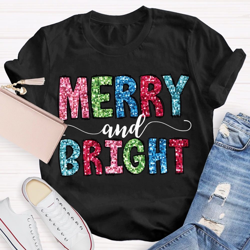 Merry And Bright Colorful Christmas Fonts Christmas T-shirt