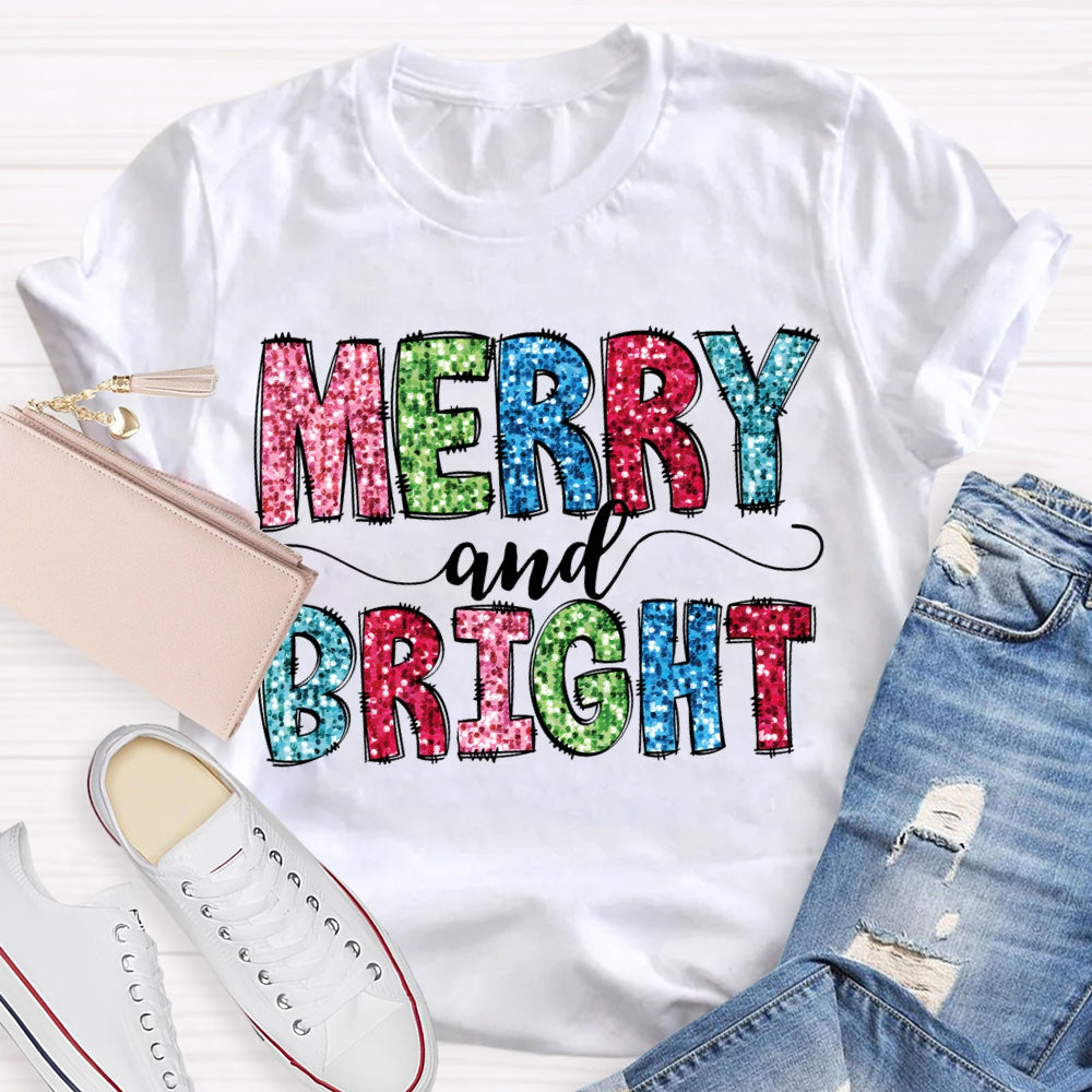 Merry And Bright Colorful Christmas Fonts Christmas T-shirt