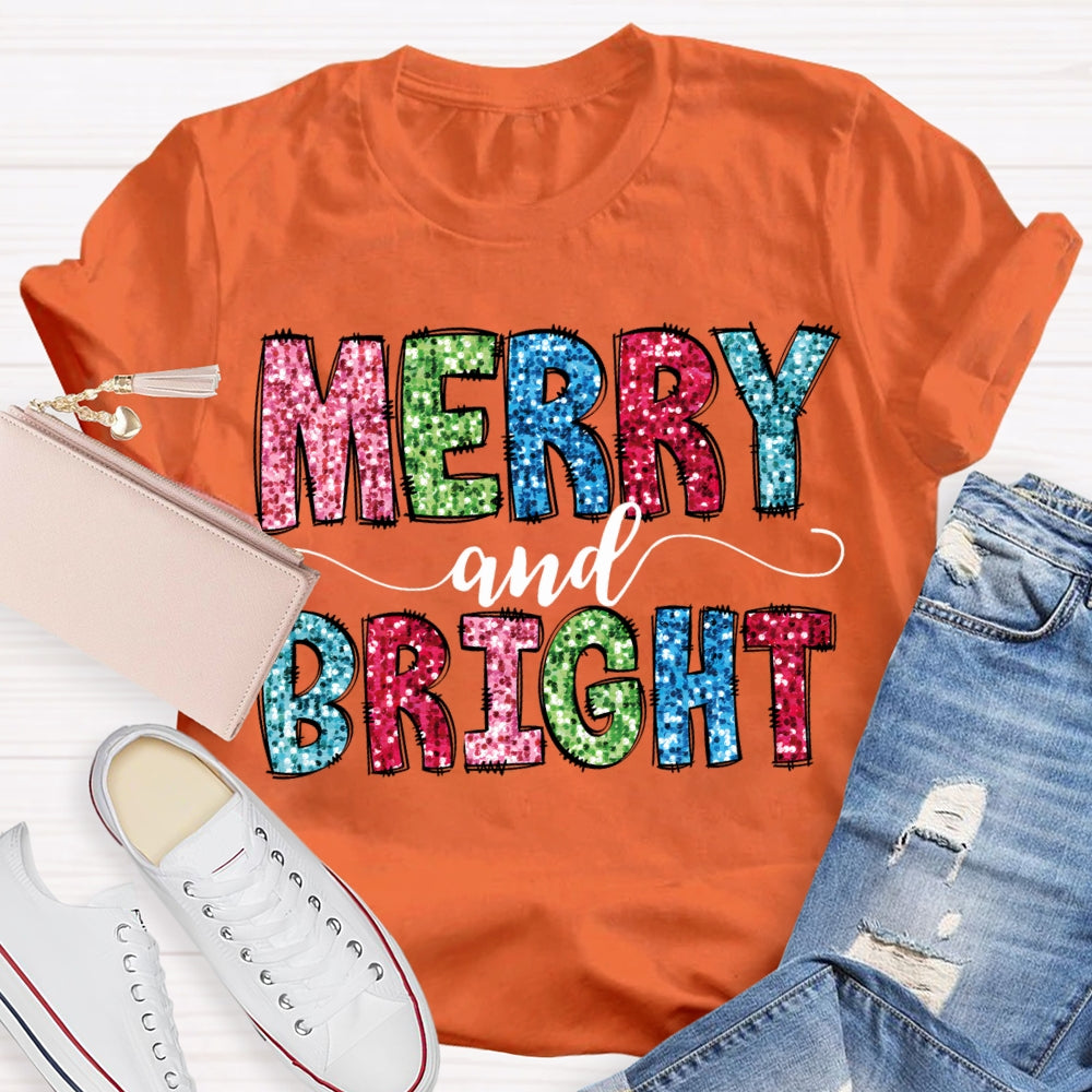Merry And Bright Colorful Christmas Fonts Christmas T-shirt