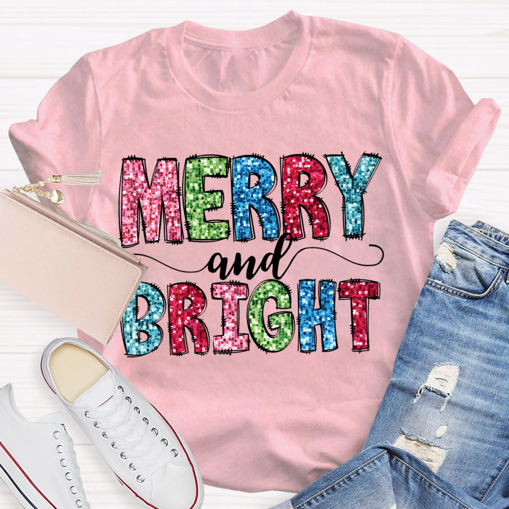 Merry And Bright Colorful Christmas Fonts Christmas T-shirt