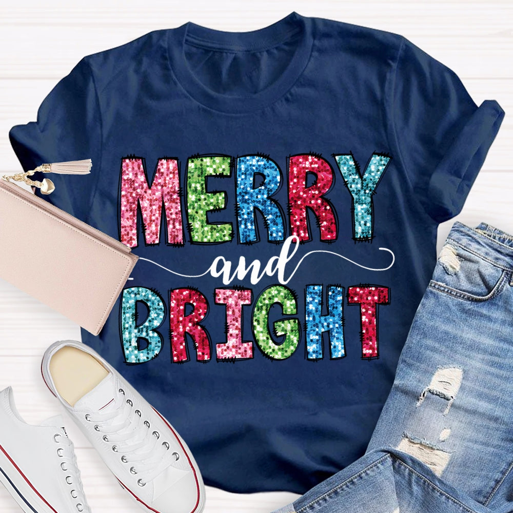 Merry And Bright Colorful Christmas Fonts Christmas T-shirt