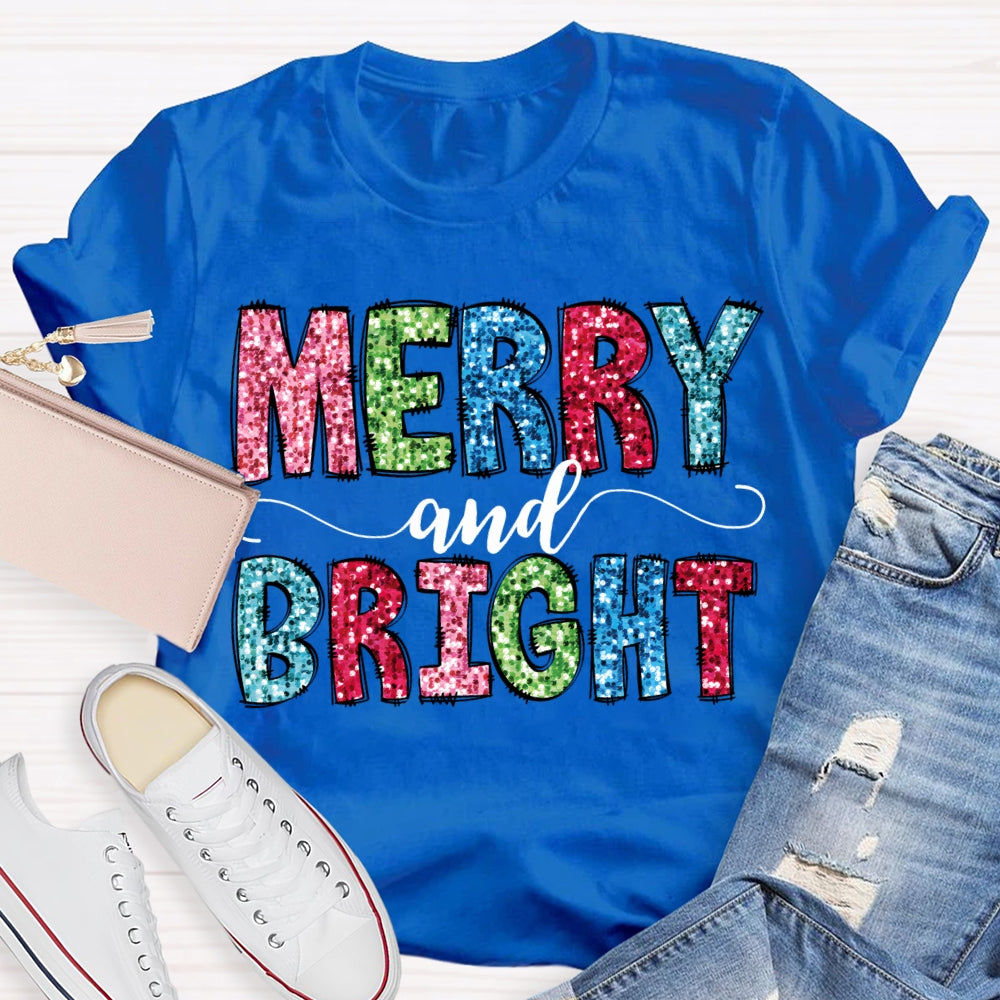 Merry And Bright Colorful Christmas Fonts Christmas T-shirt