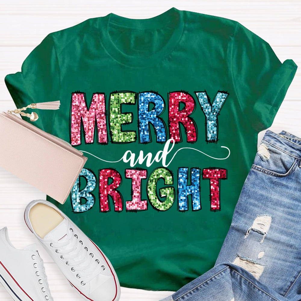 Merry And Bright Colorful Christmas Fonts Christmas T-shirt