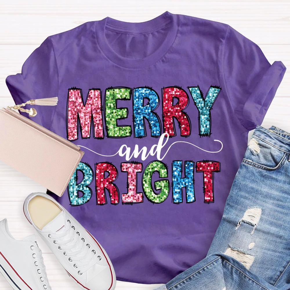 Merry And Bright Colorful Christmas Fonts Christmas T-shirt