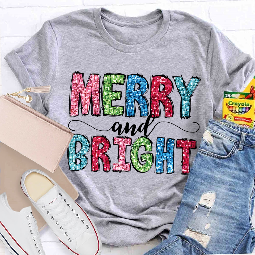 Merry And Bright Colorful Christmas Fonts Christmas T-shirt