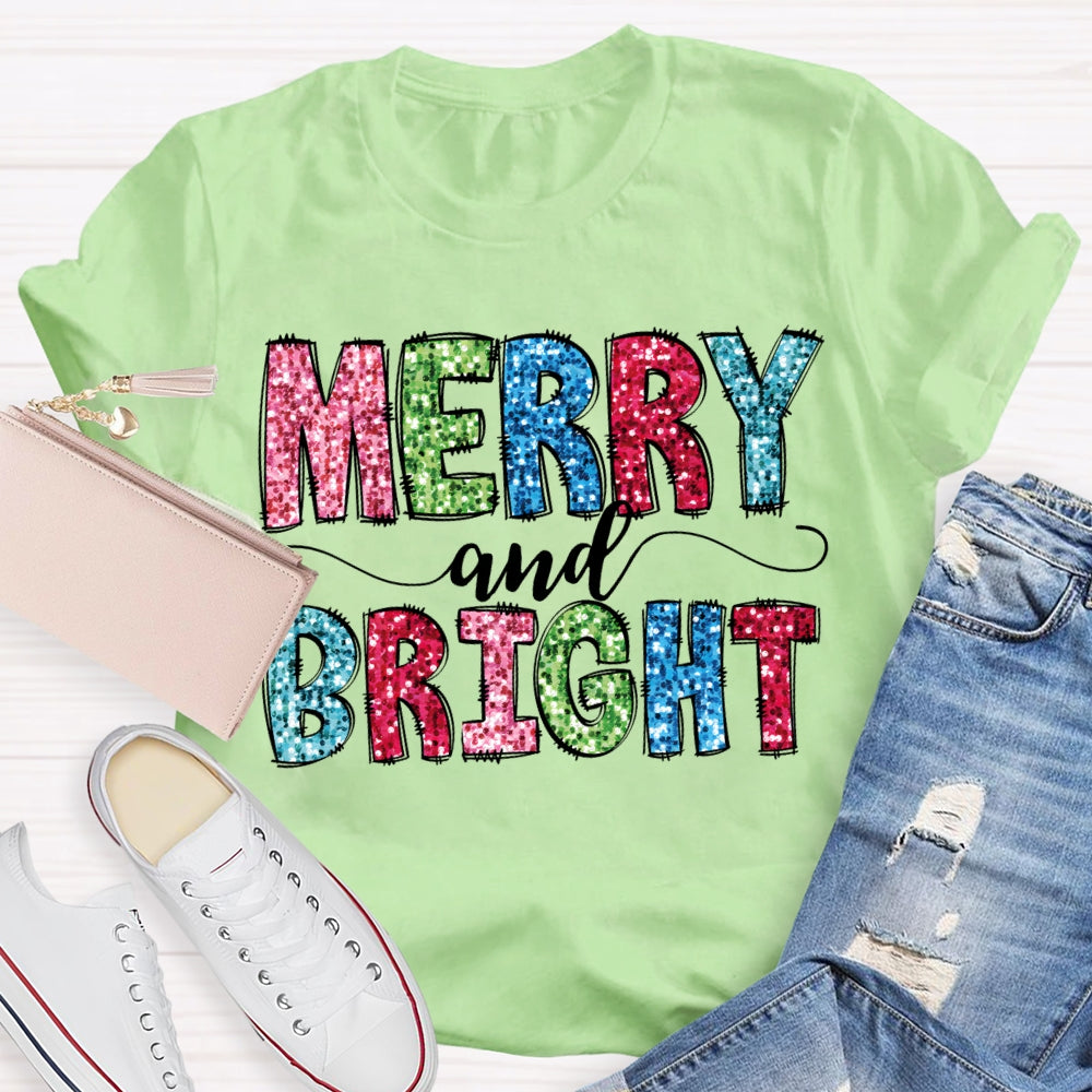 Merry And Bright Colorful Christmas Fonts Christmas T-shirt