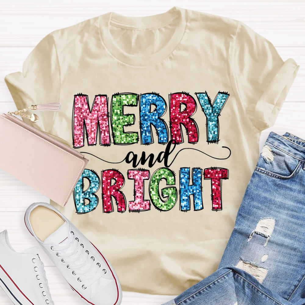 Merry And Bright Colorful Christmas Fonts Christmas T-shirt