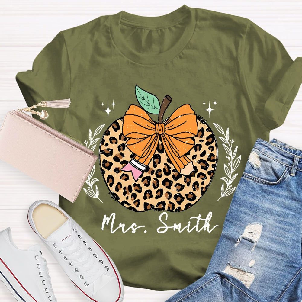 Personalized Name Bow Leopard Print Apple T-shirt