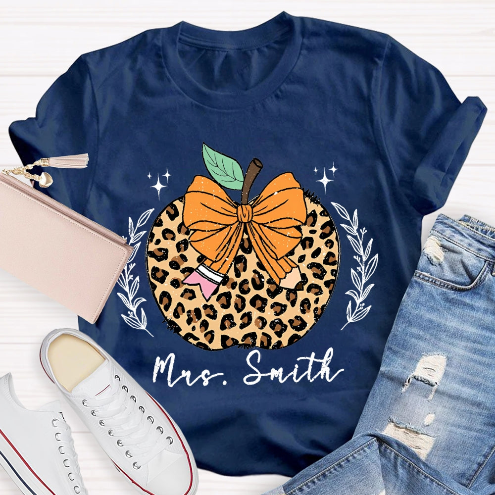Personalized Name Bow Leopard Print Apple T-shirt