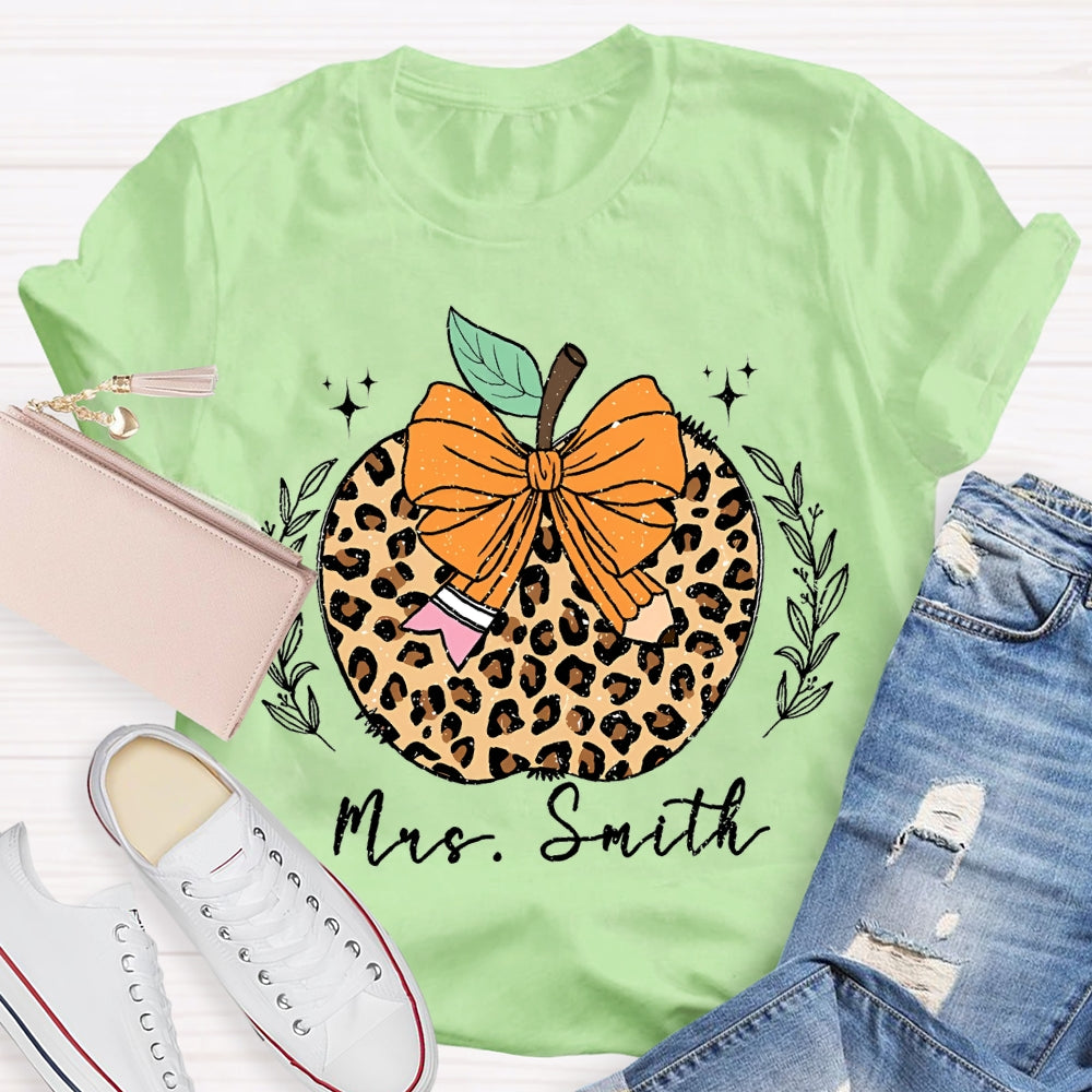 Personalized Name Bow Leopard Print Apple T-shirt