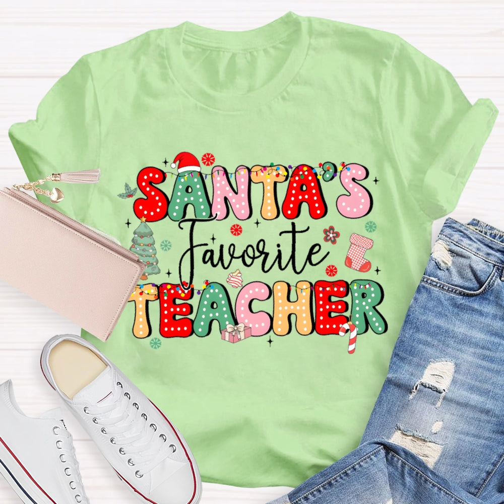 Santa'S Favorite Teacher Christmas Tree And Colorful Fonts T-shirt