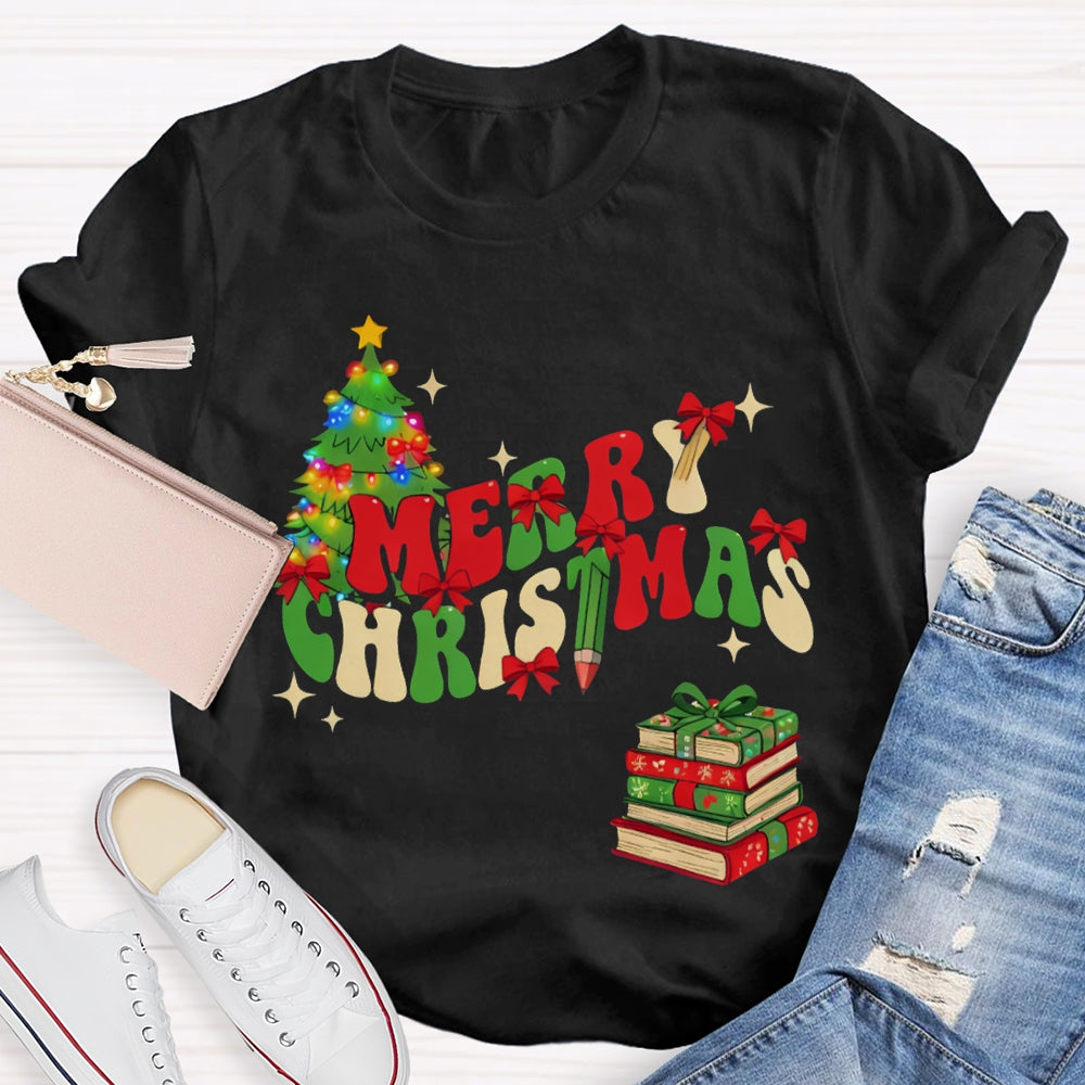 Merry Christmas Christmas Tree And Christmas Books T-shirt