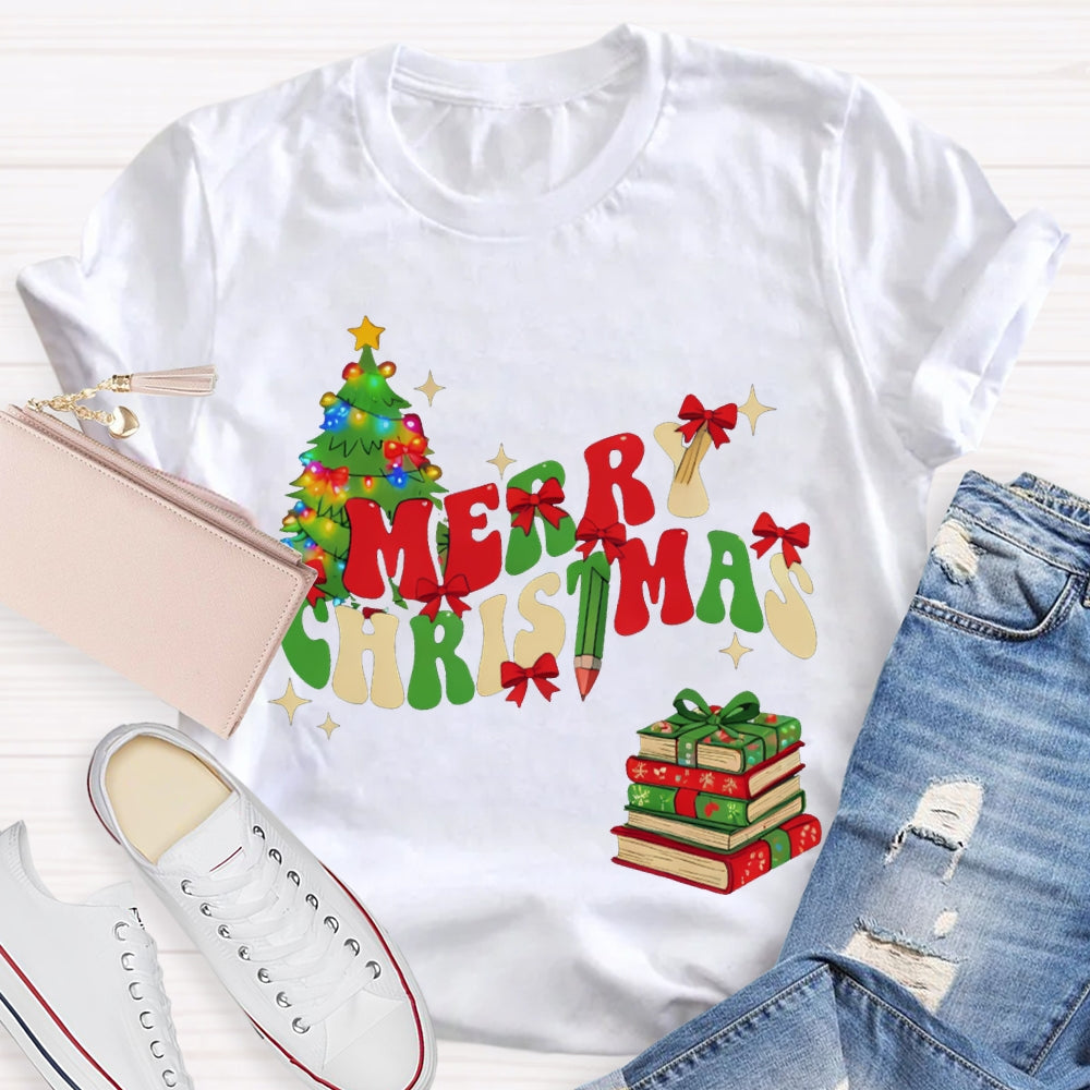 Merry Christmas Christmas Tree And Christmas Books T-shirt