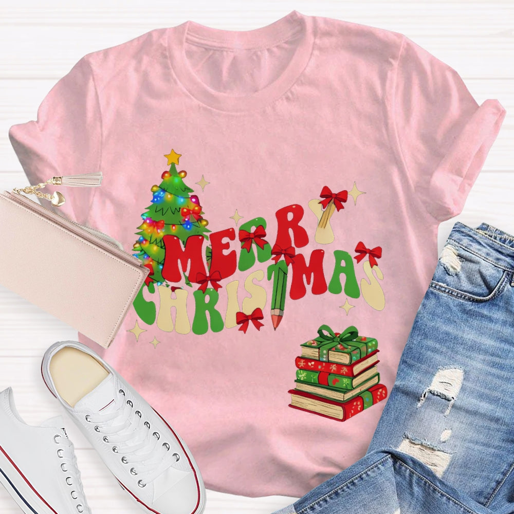 Merry Christmas Christmas Tree And Christmas Books T-shirt