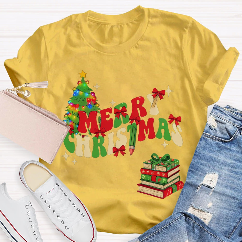 Merry Christmas Christmas Tree And Christmas Books T-shirt