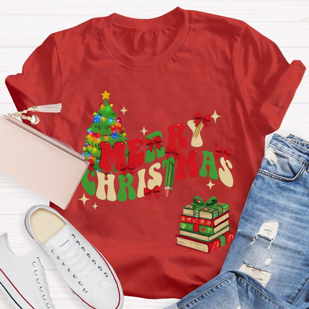 Merry Christmas Christmas Tree And Christmas Books T-shirt