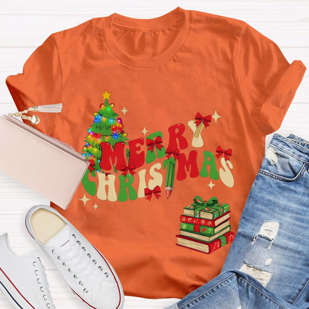 Merry Christmas Christmas Tree And Christmas Books T-shirt