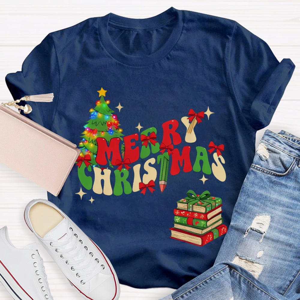 Merry Christmas Christmas Tree And Christmas Books T-shirt