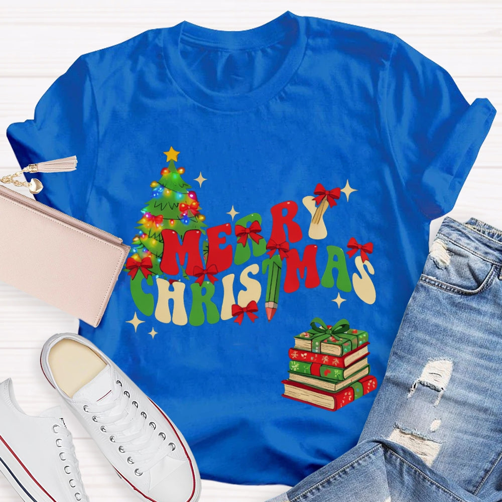 Merry Christmas Christmas Tree And Christmas Books T-shirt