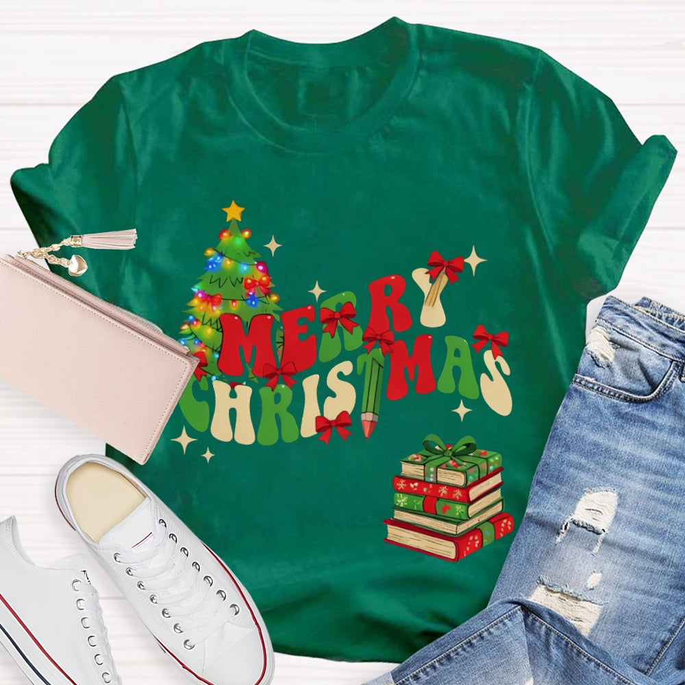 Merry Christmas Christmas Tree And Christmas Books T-shirt