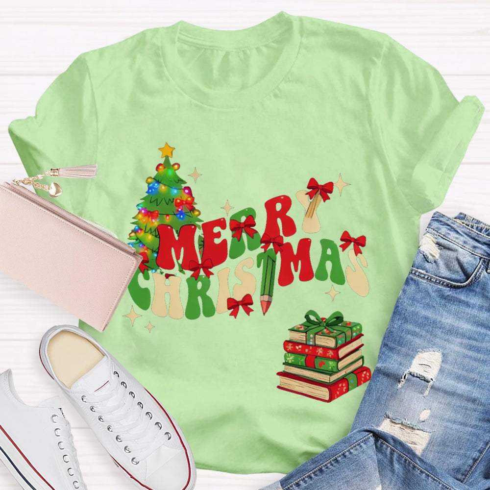 Merry Christmas Christmas Tree And Christmas Books T-shirt