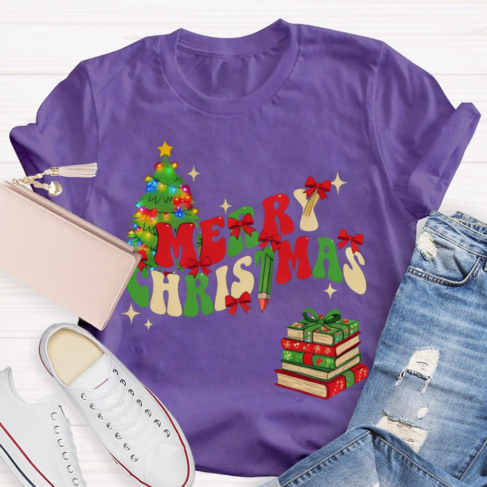 Merry Christmas Christmas Tree And Christmas Books T-shirt