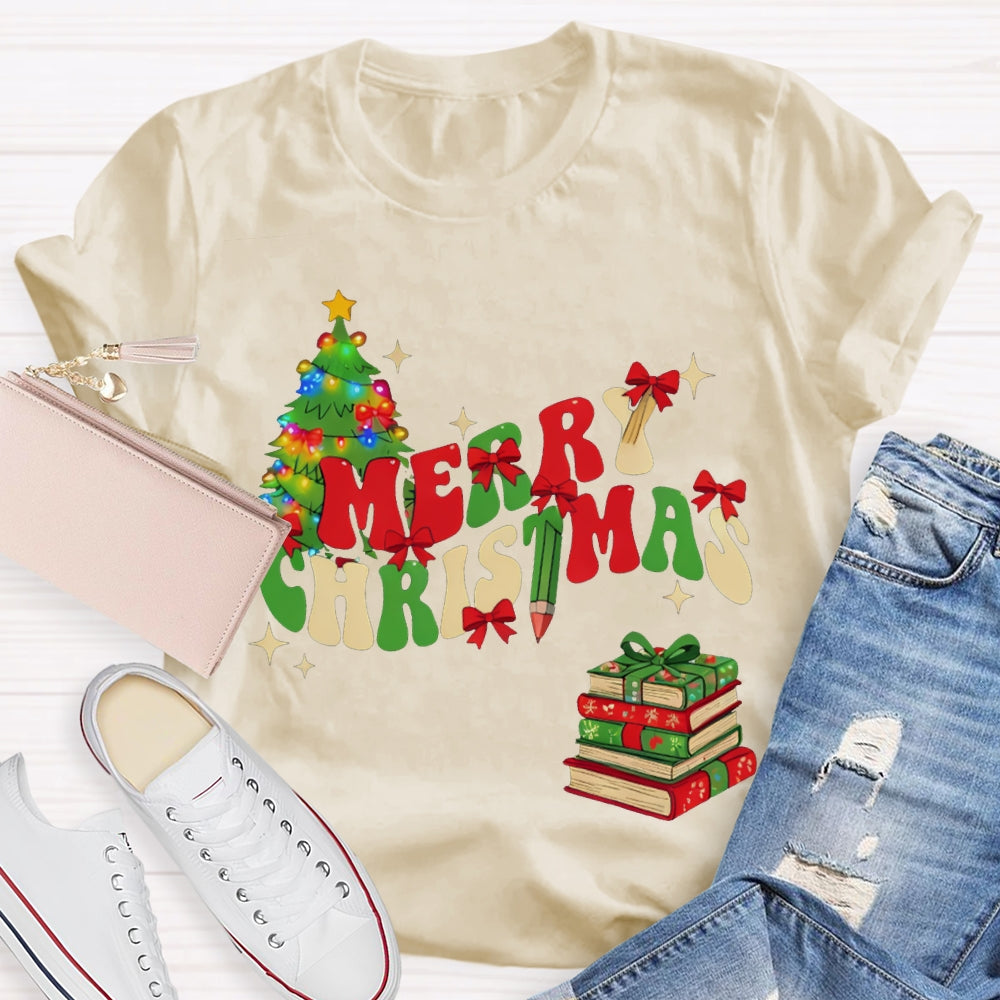 Merry Christmas Christmas Tree And Christmas Books T-shirt