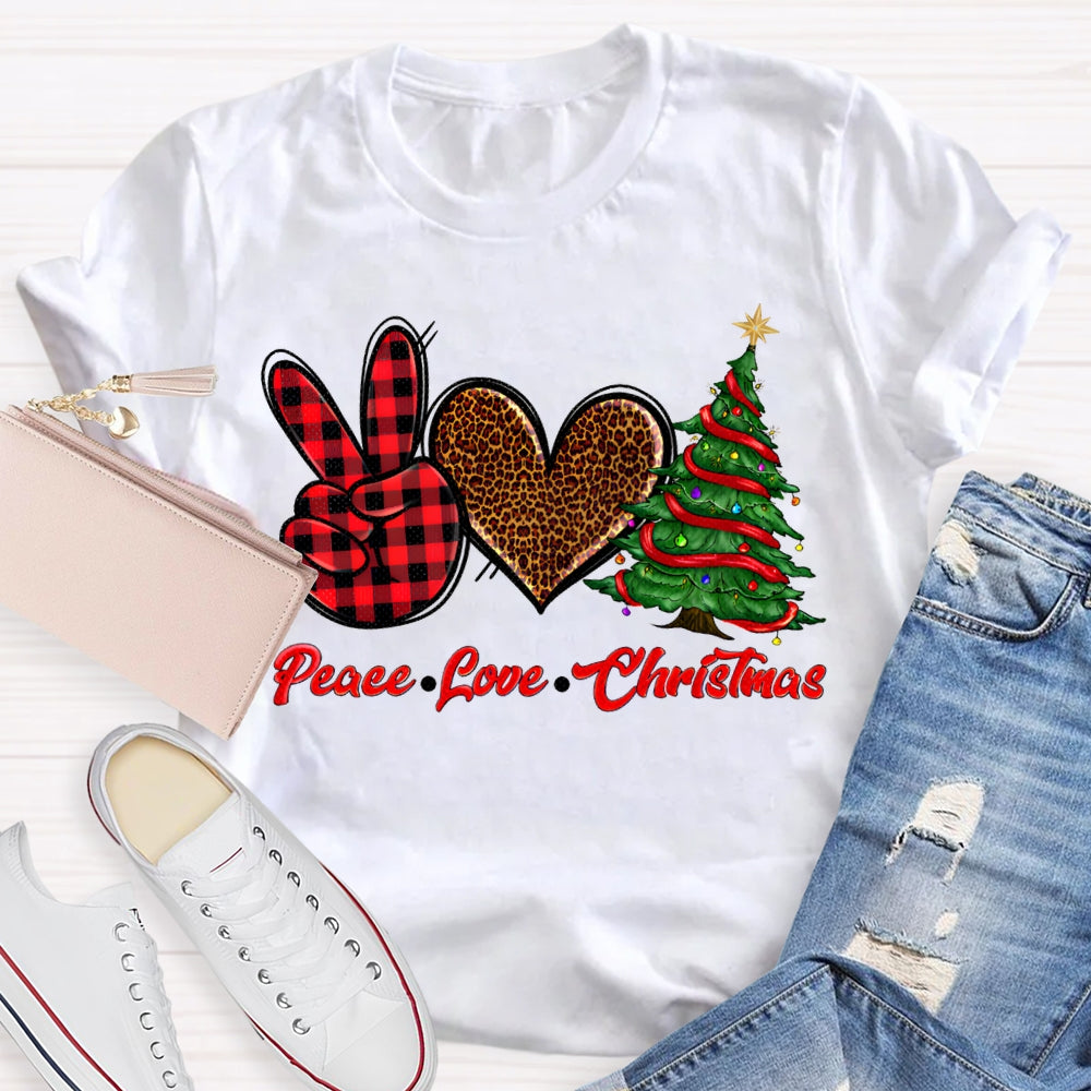 Peace Love Christmas Leopard Print Hearts And Christmas Tree T-shirt