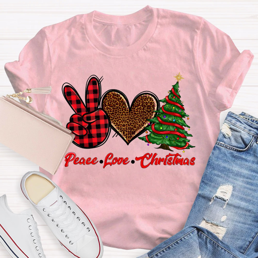 Peace Love Christmas Leopard Print Hearts And Christmas Tree T-shirt