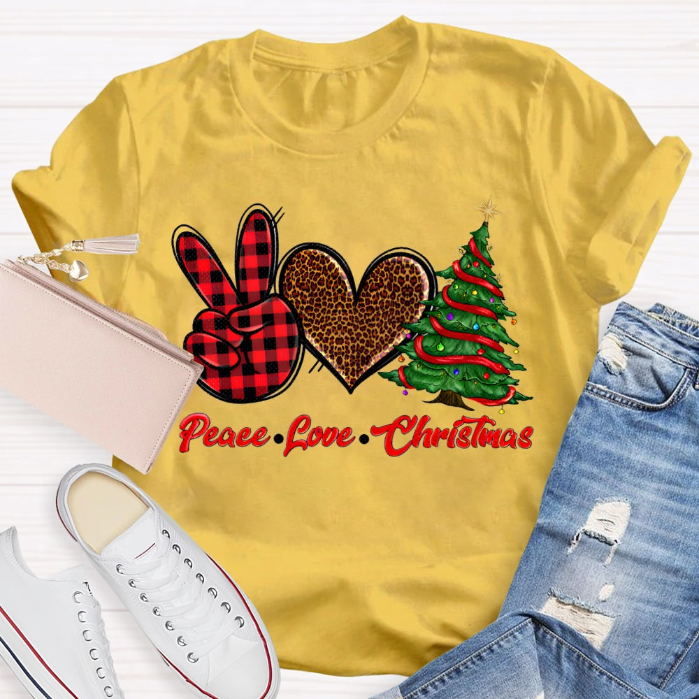 Peace Love Christmas Leopard Print Hearts And Christmas Tree T-shirt