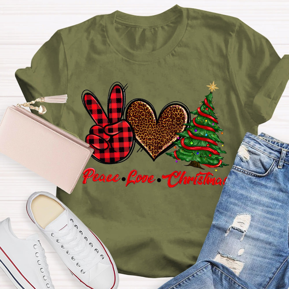 Peace Love Christmas Leopard Print Hearts And Christmas Tree T-shirt