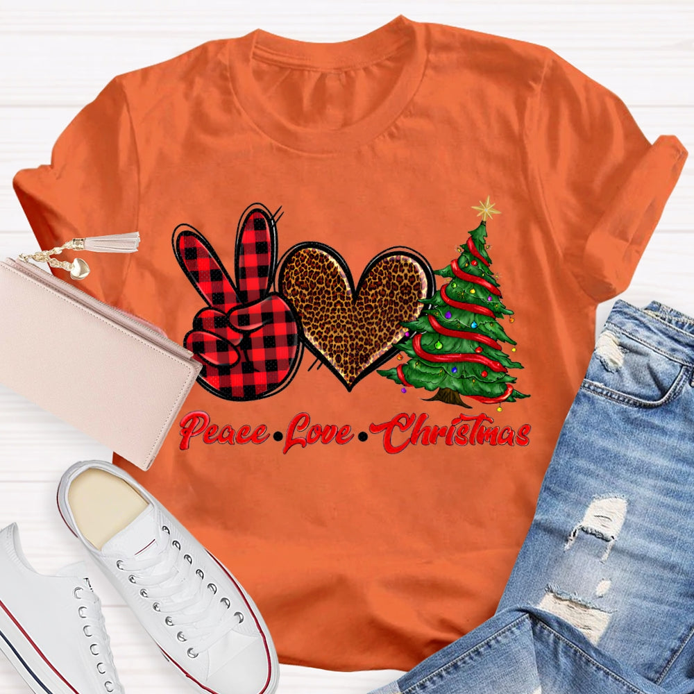 Peace Love Christmas Leopard Print Hearts And Christmas Tree T-shirt