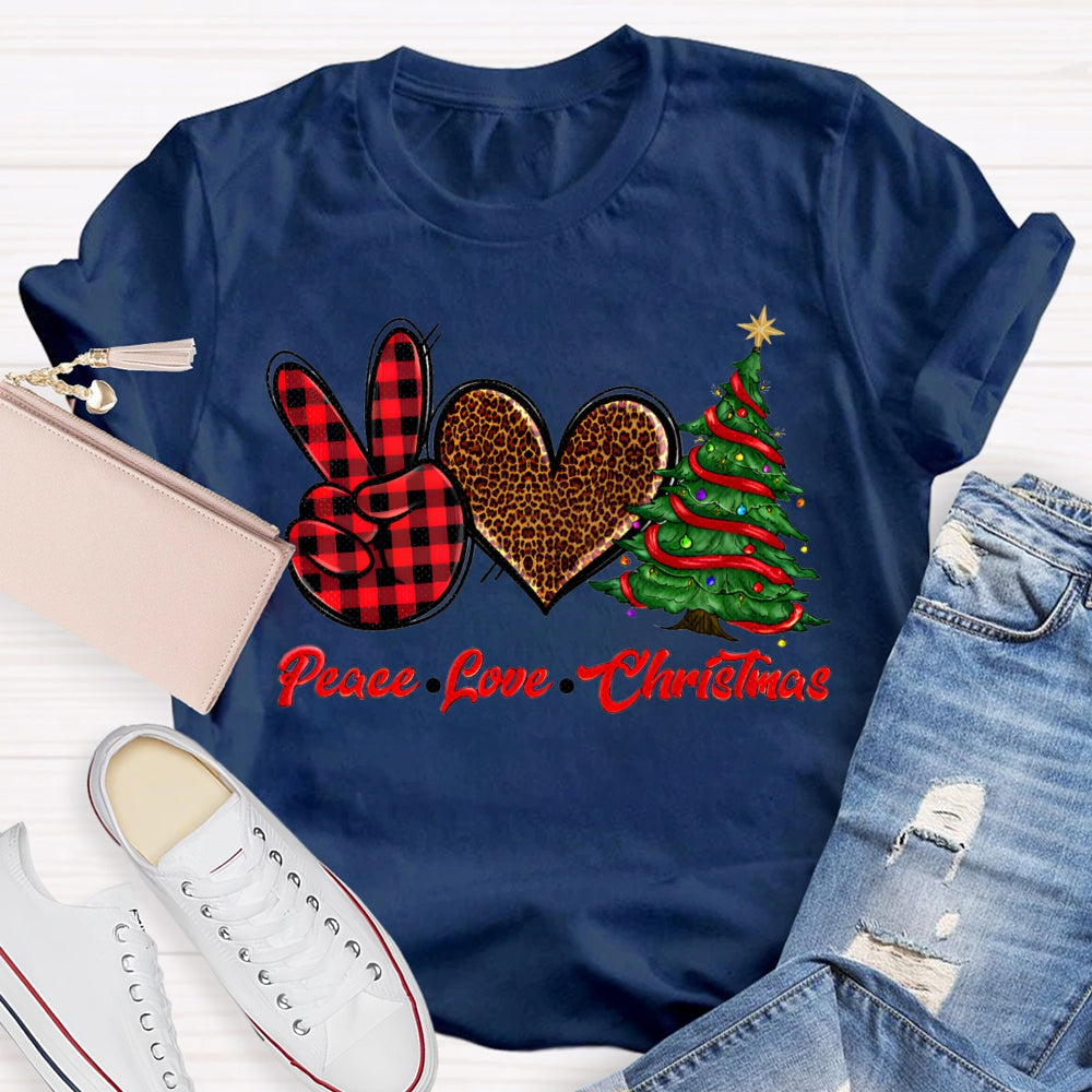 Peace Love Christmas Leopard Print Hearts And Christmas Tree T-shirt