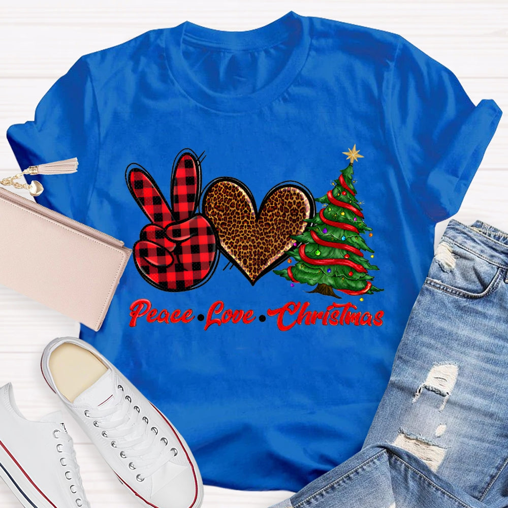 Peace Love Christmas Leopard Print Hearts And Christmas Tree T-shirt