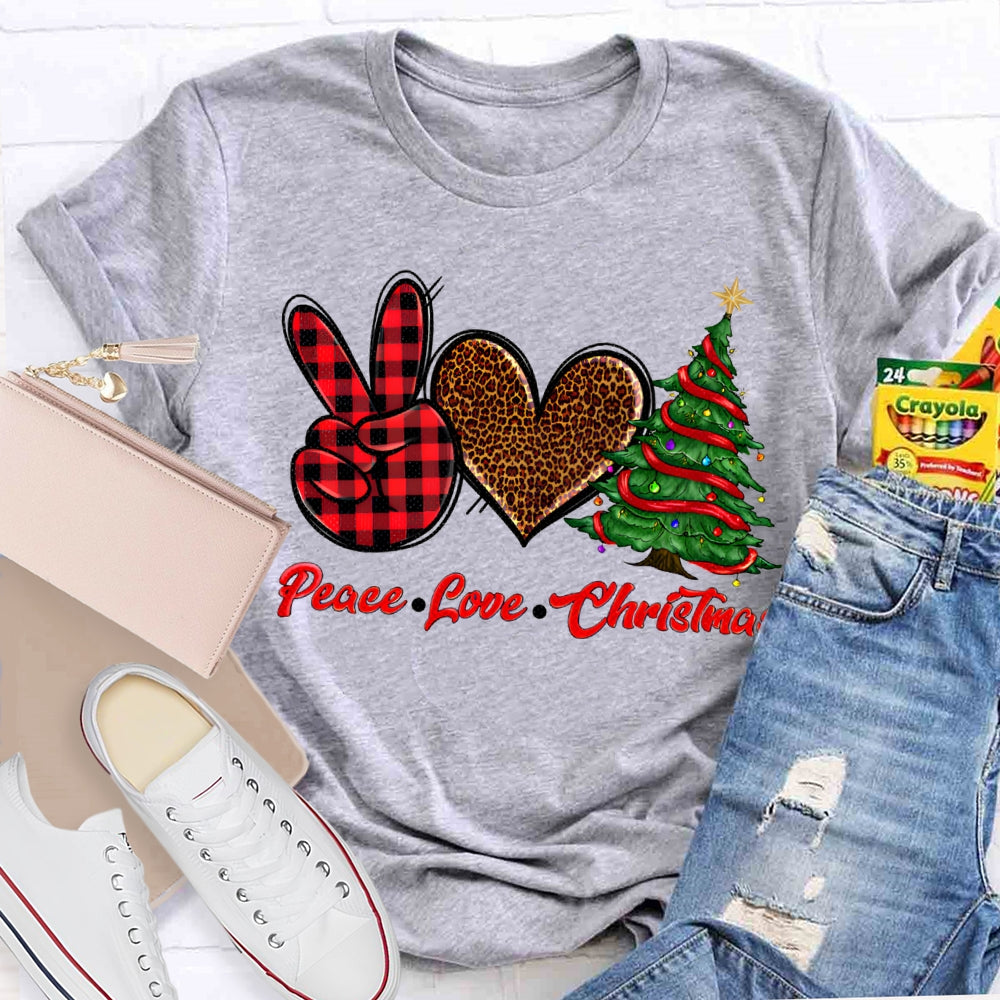 Peace Love Christmas Leopard Print Hearts And Christmas Tree T-shirt