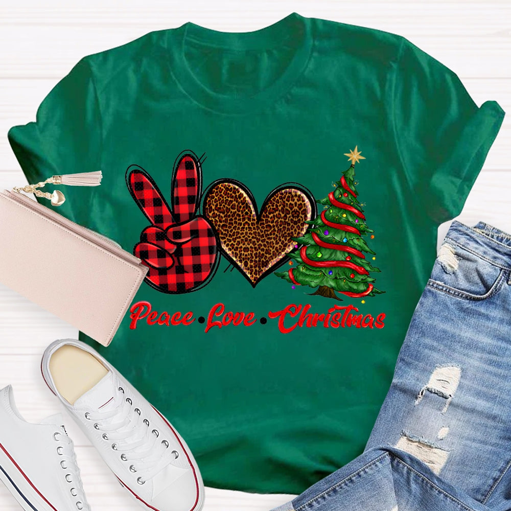 Peace Love Christmas Leopard Print Hearts And Christmas Tree T-shirt