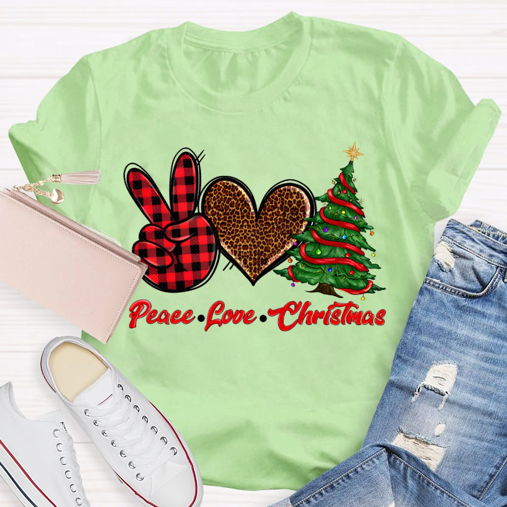 Peace Love Christmas Leopard Print Hearts And Christmas Tree T-shirt