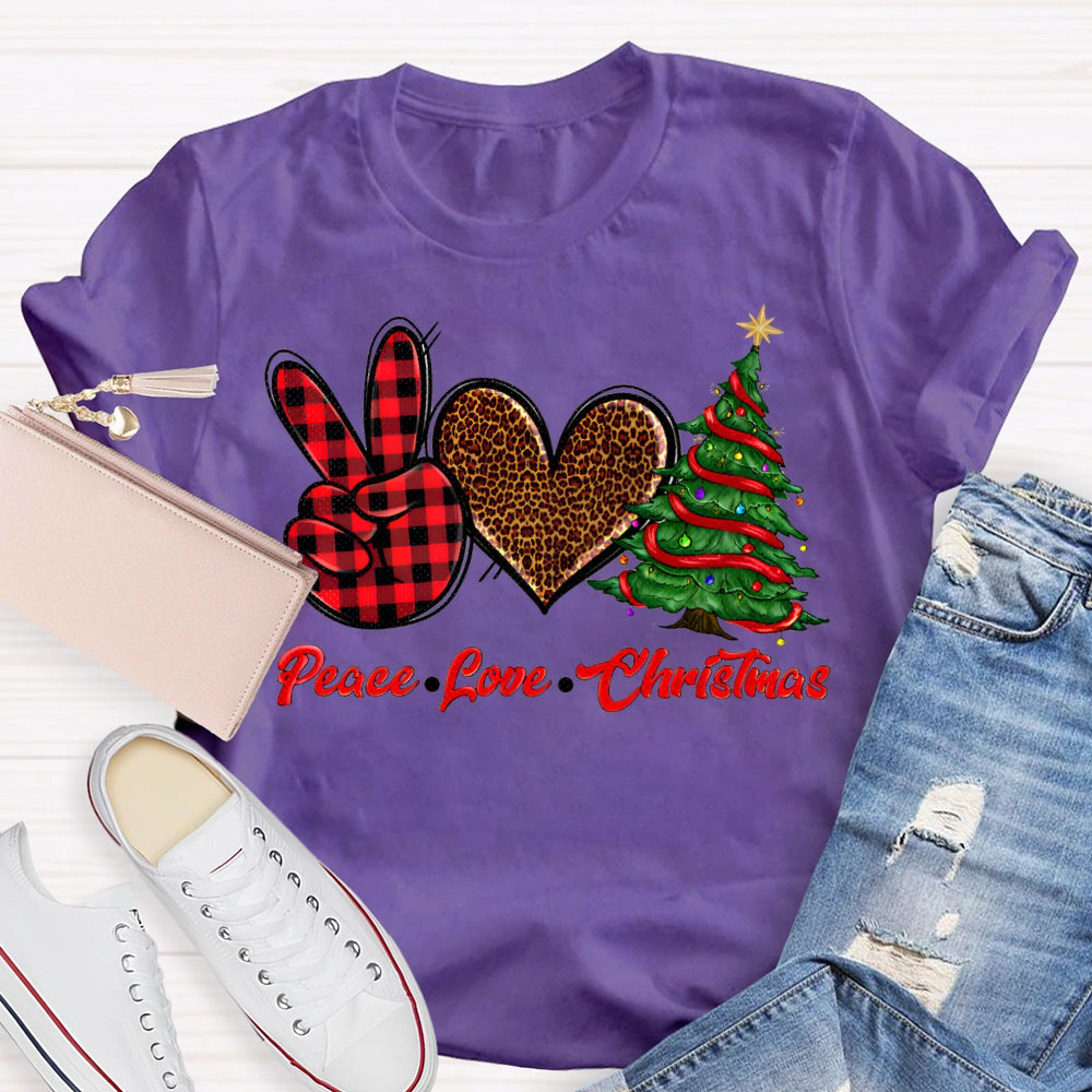 Peace Love Christmas Leopard Print Hearts And Christmas Tree T-shirt