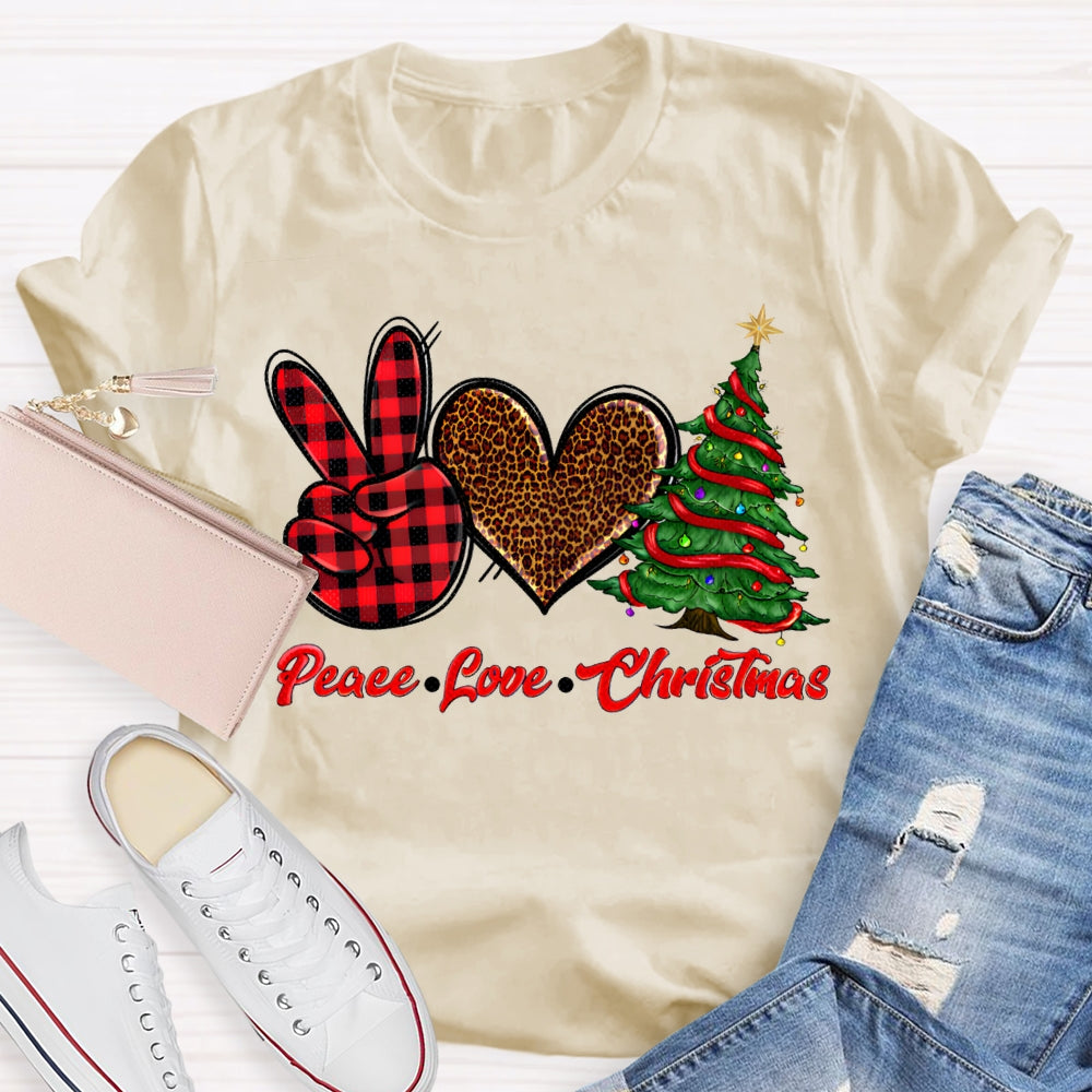 Peace Love Christmas Leopard Print Hearts And Christmas Tree T-shirt