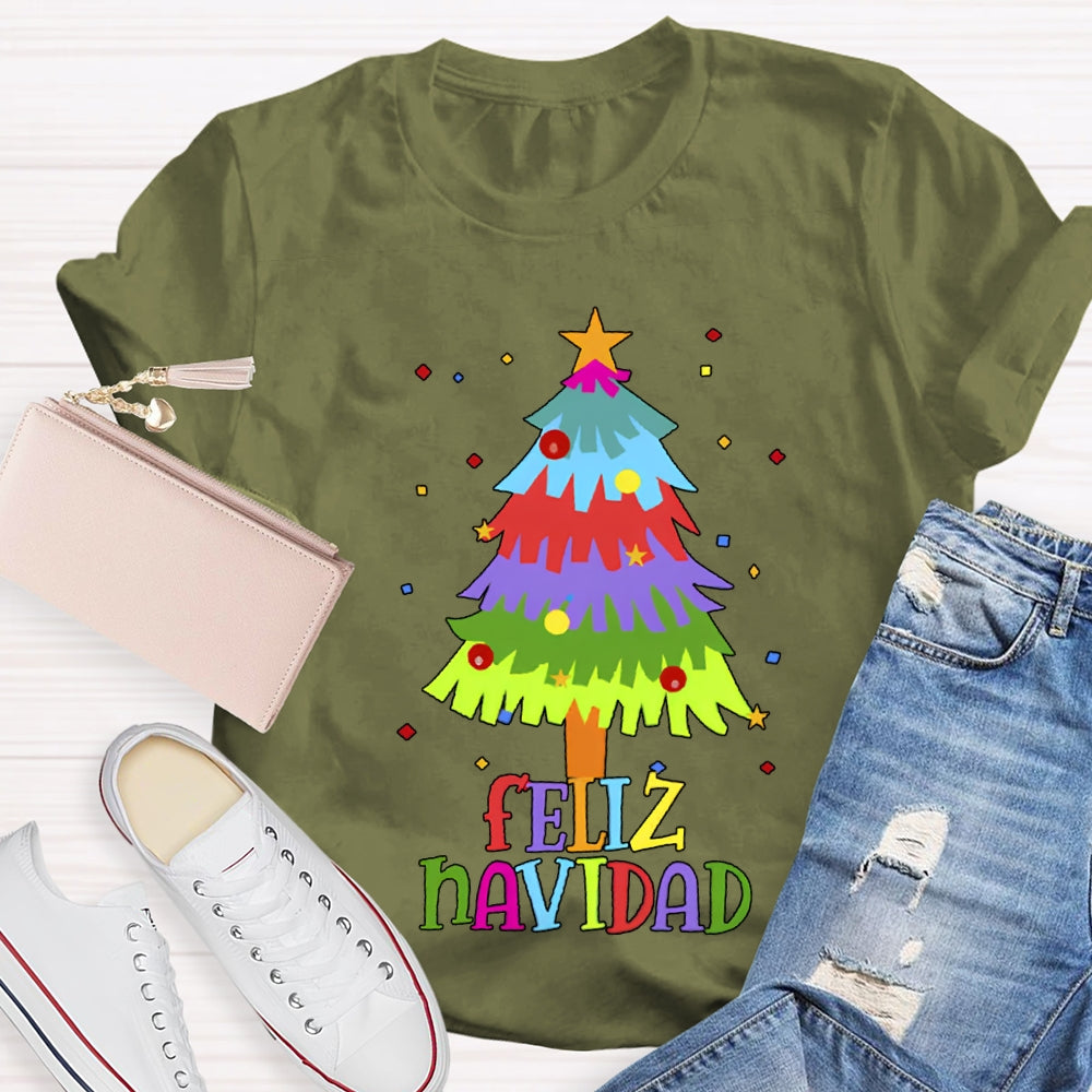 Feliz Navidad Colorful Christmas Tree Bilingual Teacher T-shirt