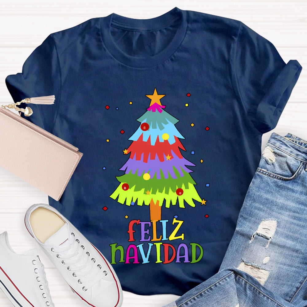 Feliz Navidad Colorful Christmas Tree Bilingual Teacher T-shirt